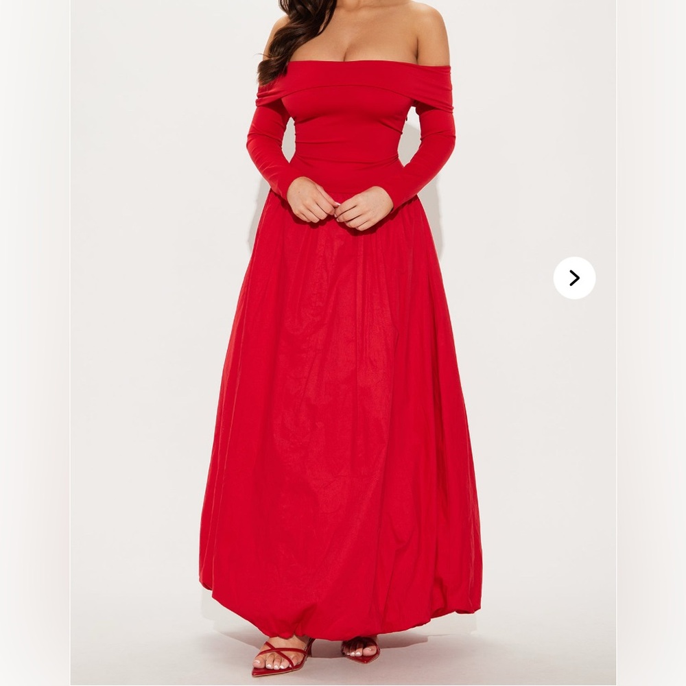 Off-Shoulder Long Sleeve Bubble Balloon Hem Red Dress